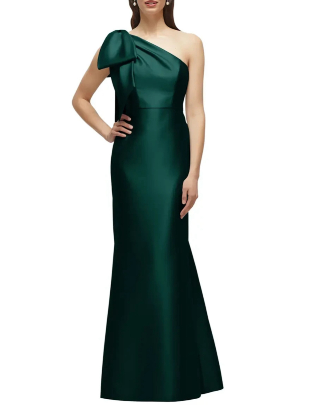 Alfred Sung NWT Bow One-Shoulder Satin Trumpet Gown Hunter Green Size 6 D794